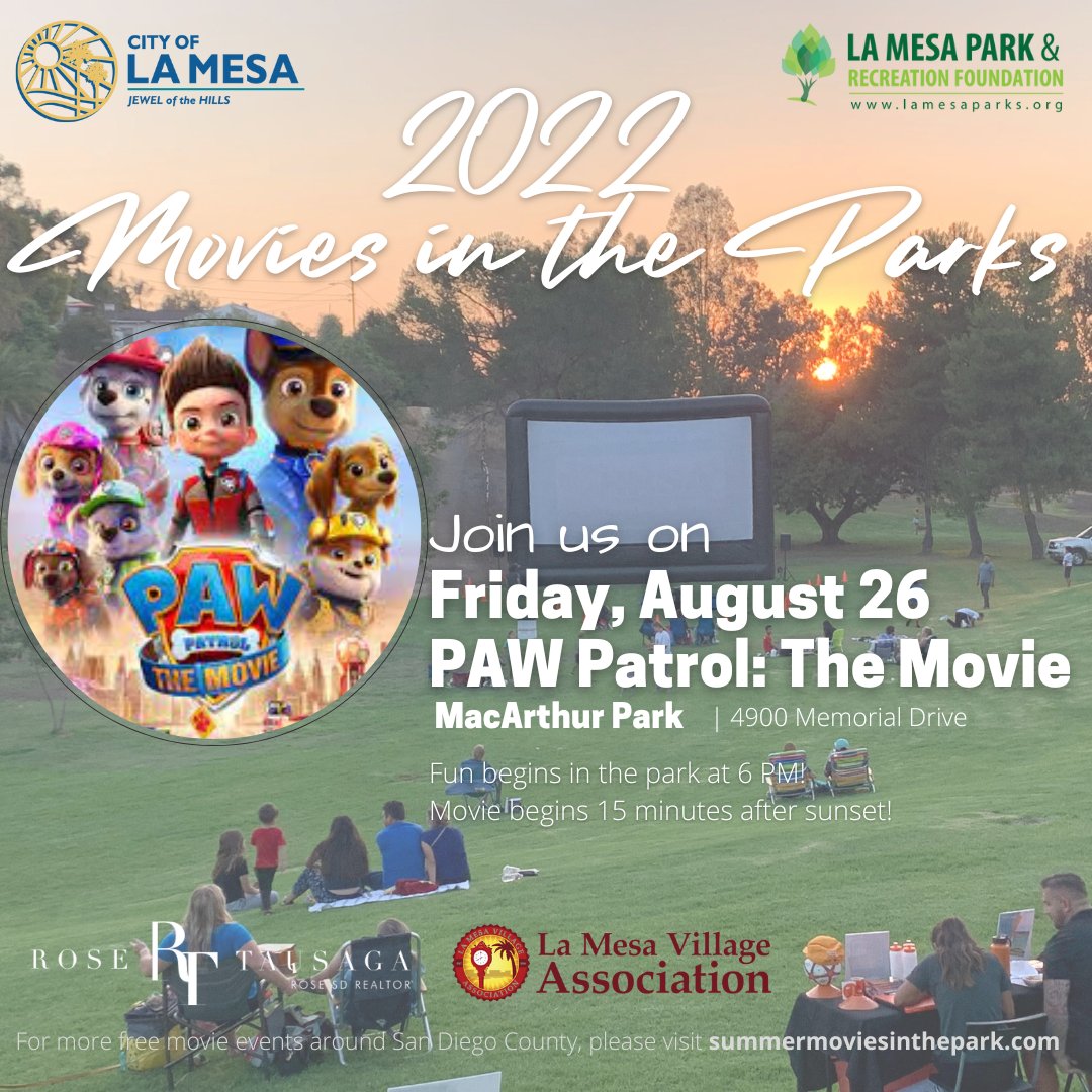 LMparksandrec's tweet photo. The next Movie in the Park is sure to be a barking good time! Join us at MacArthur Park as Ryder and the Paw Patrol pups jump into action in Adventure City!
Movie will begin 15 minutes after sunset.
For more event info, visit https://t.co/NChkokhu7e.
#LaMesaParks https://t.co/oF7flTvGLe