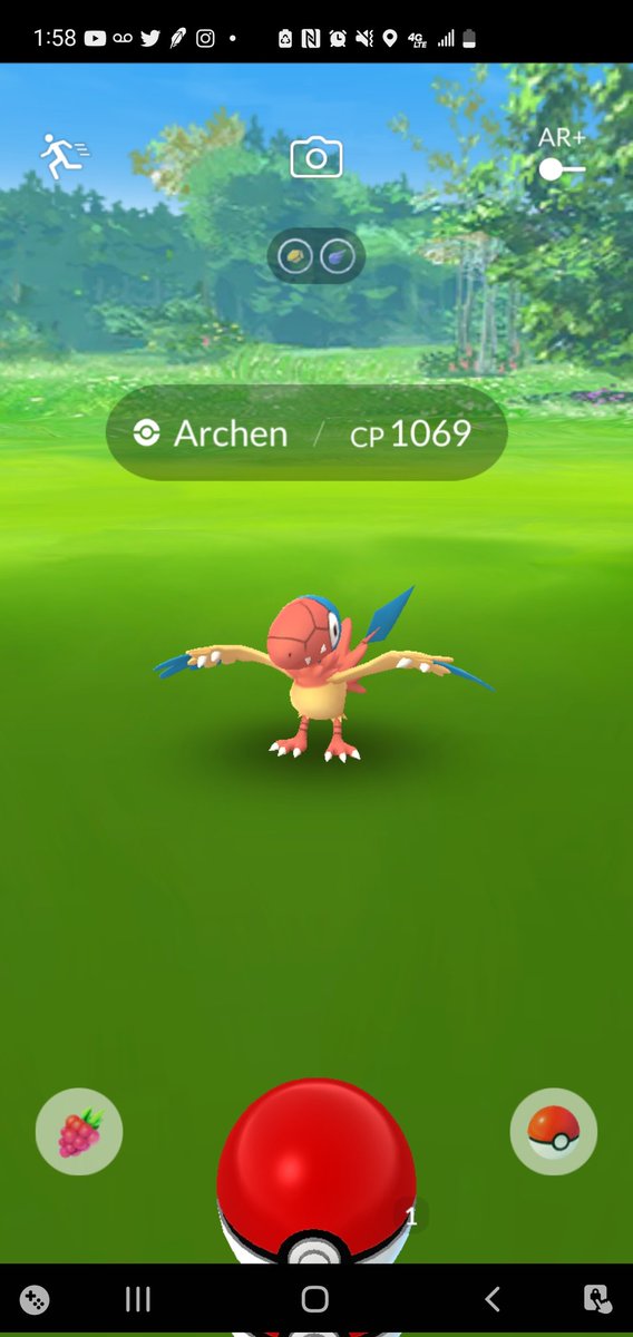 Skitzo610's tweet image. Literally ran out of my house for this! Not my pokedex entry, but I think this is the 1st I've seen in the wild. #PokemonGO #Archen #pinapberry