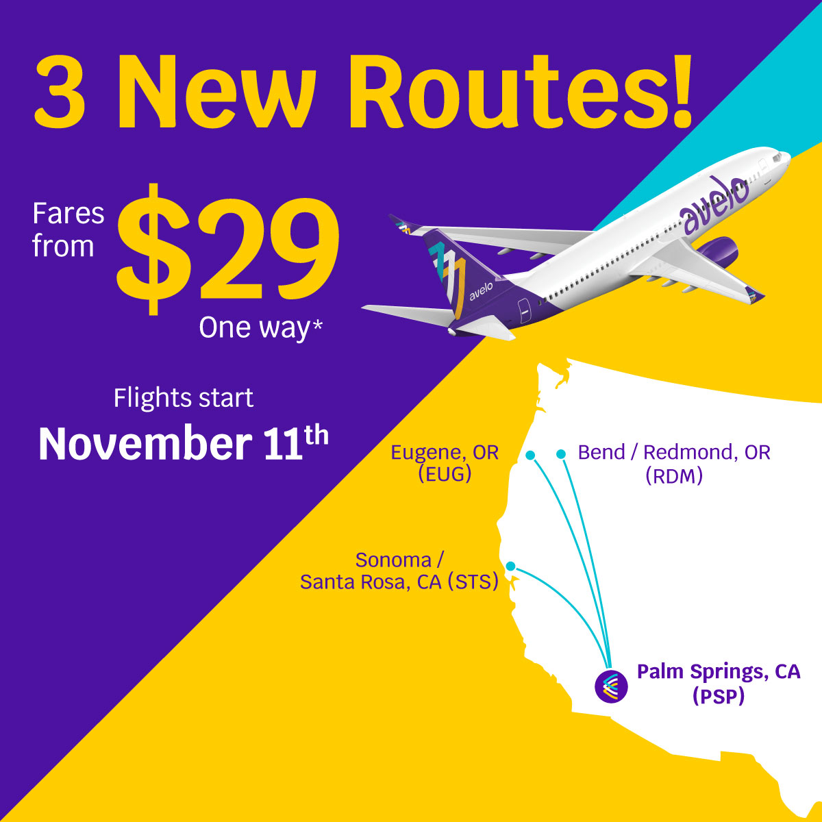 ‼New Airline & New Routes‼ We're excited to announce that @AveloAir is coming to PSP with new nonstop service to Santa Rosa, CA, Eugene, OR, and Bend/Redmond, OR with introductory fares starting at $29 one way! Book today at AveloAir.com! Flights start 11/11/22