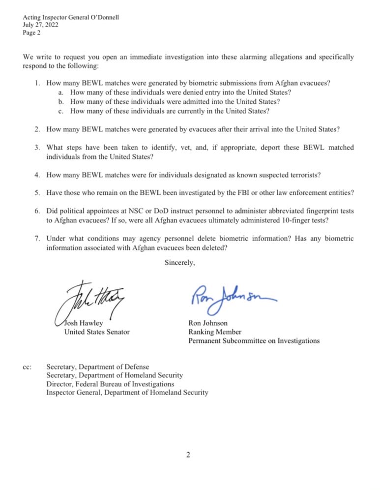 HawleyMO's tweet photo. NEW whistleblower allegations - hundreds of Afghan evacuees who appeared on DOD terror watch list allowed to enter the U.S. ⁦@SenRonJohnson⁩ and I lay out what we’ve learned https://t.co/zBHlVB0ujE