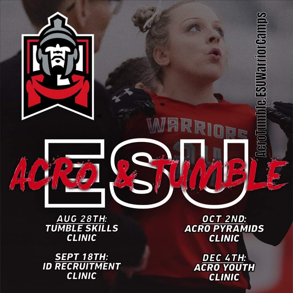 Don’t miss these great opportunities to learn more about NCATA tumbling technique, the Acrobatics &amp; Tumbling events, and pyramids like you've never seen before! Register at acrotumble.esuwarriorcamps.com