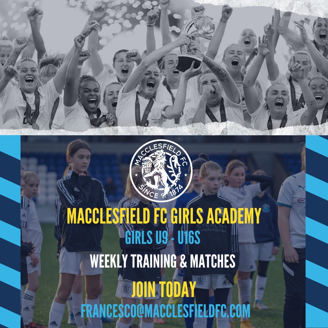 🏴󠁧󠁢󠁥󠁮󠁧󠁿 INSPIRED BY THE LIONESSES? 
Play for Macclesfield FC Girls Academy!
There has never been a better time to get involved. ⚽️

To join email 
📧 Francesco@Macclesfieldfc.com