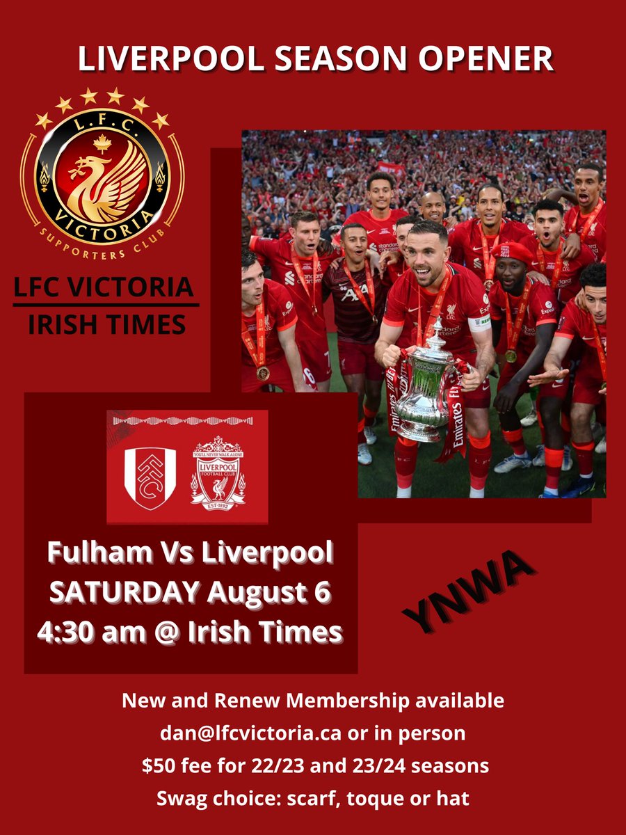 LFCVictoria's tweet photo. Come join us for Liverpool’s season opener Saturday Aug 6 4:30am pst @irishtimespubbc @LFCVictoria #LiverpoolFC #YNWA #PremierLeague https://t.co/zbdJAKgAOL