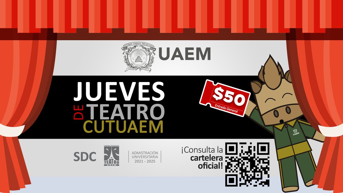 CUTUAEM's tweet photo. ¡Hoy es #JuevesDeTeatro!

La #CUTUAEM los invita a disfrutar de excelentes puestas en escena. 
Recuerda que ahora la #EntradaGeneral es de ¡$50 pesos! 

#SomosUAEMéx https://t.co/c75eYd0jPZ