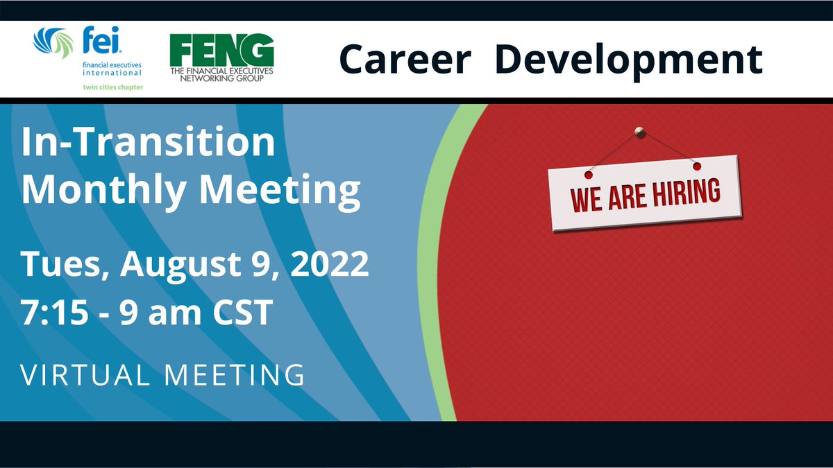 Join us next Tuesday, August 9 for our In-Transition Event. This meeting is to connect financial executives who are in transition (or considering a transition) for the purpose of networking toward gainful employment. Register: events.r20.constantcontact.com/register/event…

#FEI #CFOs #CEOs