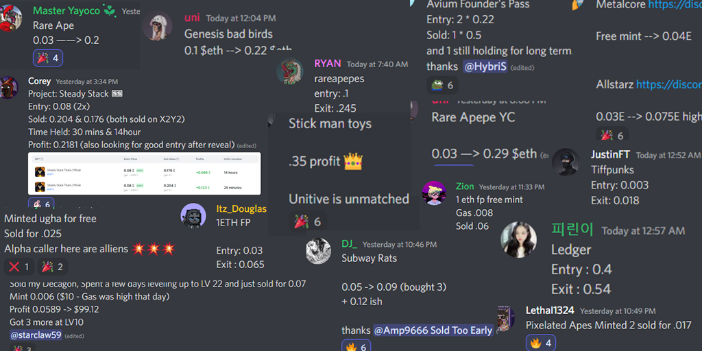 <a href="/UnitiveLabs/">Labs Unit</a> calls of the past few days...

Ledger 0.3 --> 0.72
Mecha Cats 0.003 --> 0.035
Genesis bad birds 0.1 --> 0.22
Rare apepepes 0.03 --> 0.28
Pixelated apes FREE --> 0.015
Tiff punks FREE --> 0.03
Subway rats 0.04 --> 0.09
Steady stacks 0.08 --> 0.28

and many more...