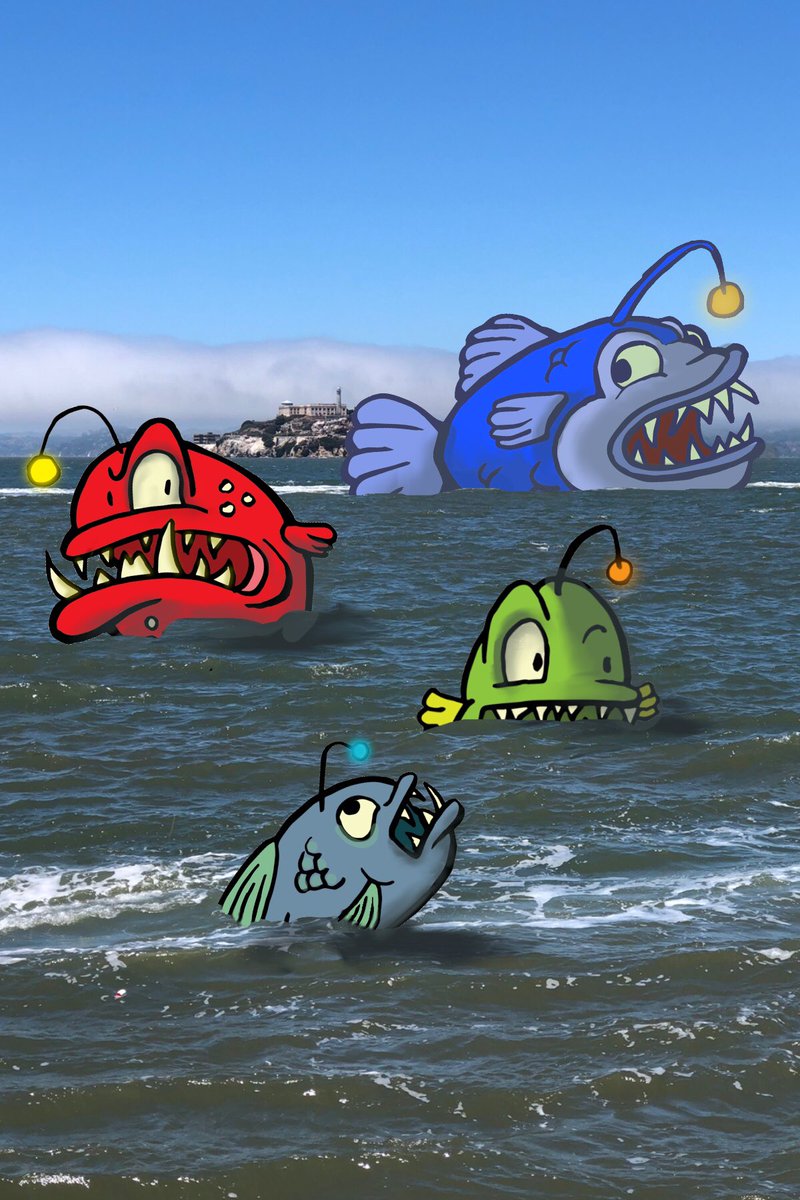 BayCryptids's tweet photo. With the ice caps melting, we’re starting to see these weird #sea #creatures in the #SanFrancisco bay. Seen from #pier39 #baycryptids #fish #seamonster #monster #prehistoric #artistsontwitter #arthursking #Predator #teeth #seafood https://t.co/uSsYKuZEsS