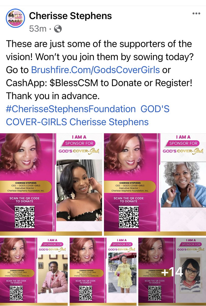 These are just some of the supporters of the vision! Won’t you join them by sowing today? Go to Brushfire.Com/GodsCoverGirls or CashApp: $BlessCSM to Donate or Register! Thank you in advance.  #CherisseStephensFoundation  GOD'S COVER-GIRLS Cherisse Stephens