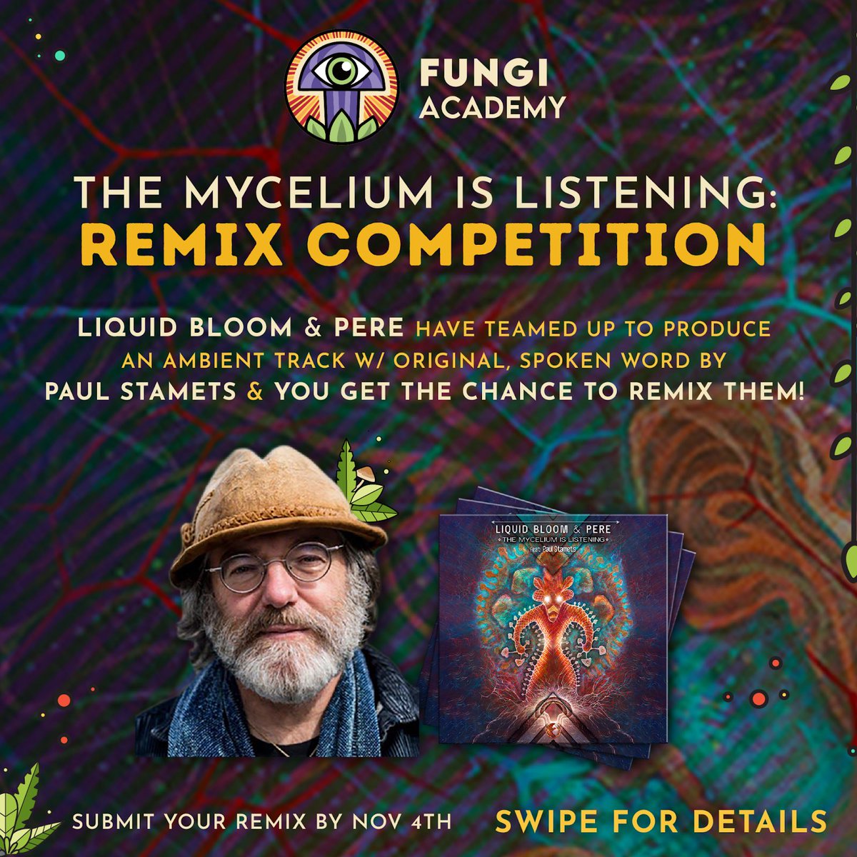 PaulStamets's tweet photo. Exciting announcement! Following the recent release of #TheMyceliumIsListening, there is now an official Remix Competition you can participate in with some exciting prizes. https://t.co/wyGDiSvRc6 https://t.co/l31SG7eXa0