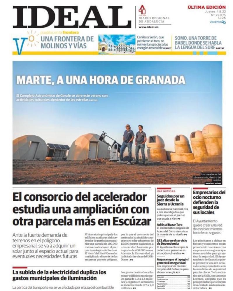 Todo un #universo al alcance de la mano en la #ComarcadeGuadix. 

El Complejo Astronómico “Los Coloraos” en #Gorafe, promovido por la Asociación Turísmo Astronómico es ya una realidad.

El diario Ideal publica hoy en portada la noticia y este vídeo -> my.mtr.cool/bhnlzwgppw
