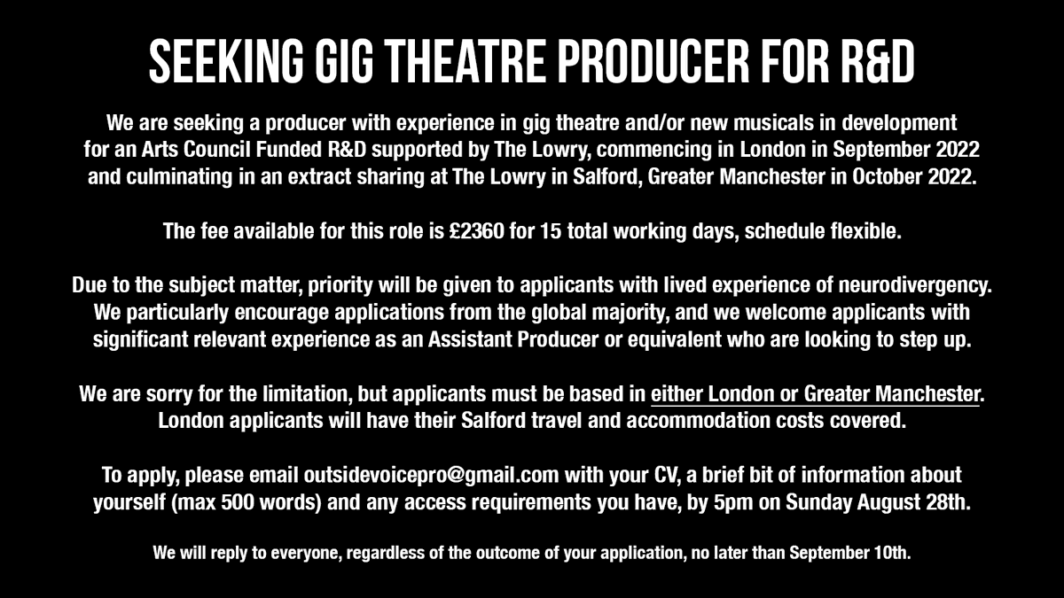 📣 GIG THEATRE PRODUCER CALLOUT 

The team behind GOBBY are on the lookout for a PRODUCER for the R&amp;D of their brand new gig theatre show. Supported by <a href="/The_Lowry/">Lowry</a> and Arts Council England. 

Info all available in the image (also available in alt text). Retweets appreciated! ⬇️
