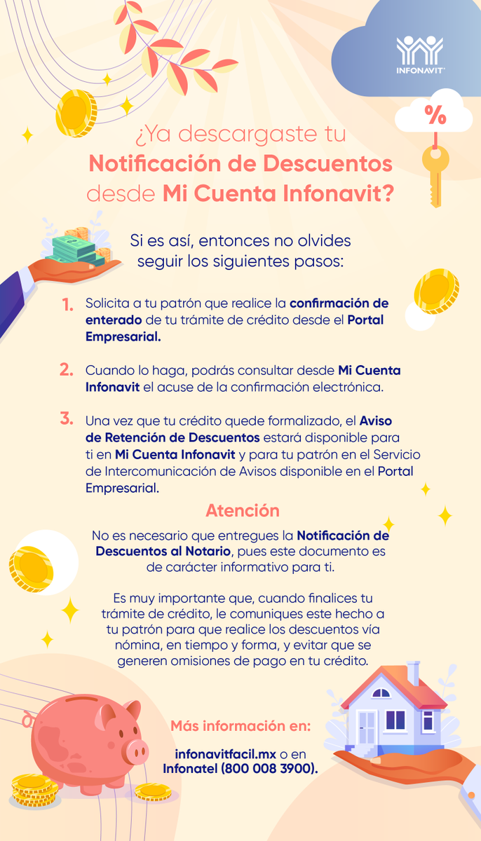 Si ya obtuviste tu constancia de crédito, ingresa a Mi Cuenta Infonavit para continuar el trámite, obtener tu Notificación de Descuentos y solicitar a tu patrón su confirmación de enterado desde el Portal Empresarial. Aquí te compartimos los detalles. bit.ly/3PYNfUf