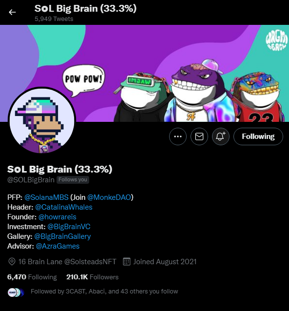 CRXLL_'s tweet photo. Not a partnership nor a collaboration, but it feels very good having one of the best SOLANA based influencer watching our project grow.
Thank you so much for following us @SOLBigBrain , this means a lot both the project and our community.
#NFT #Solana #SOLBigBrain https://t.co/FQCn73l9Ps