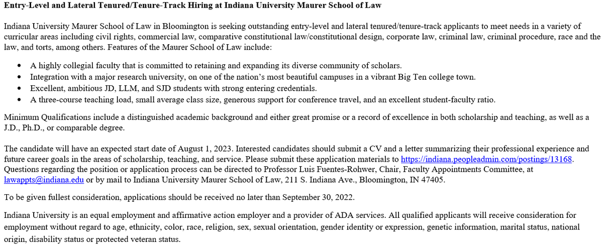 ProfNickA's tweet photo. We @IUMaurerLaw are hiring! Feel free to e-mail me for more info or to discuss. It really is pretty great here. https://t.co/uzczHdIWz0