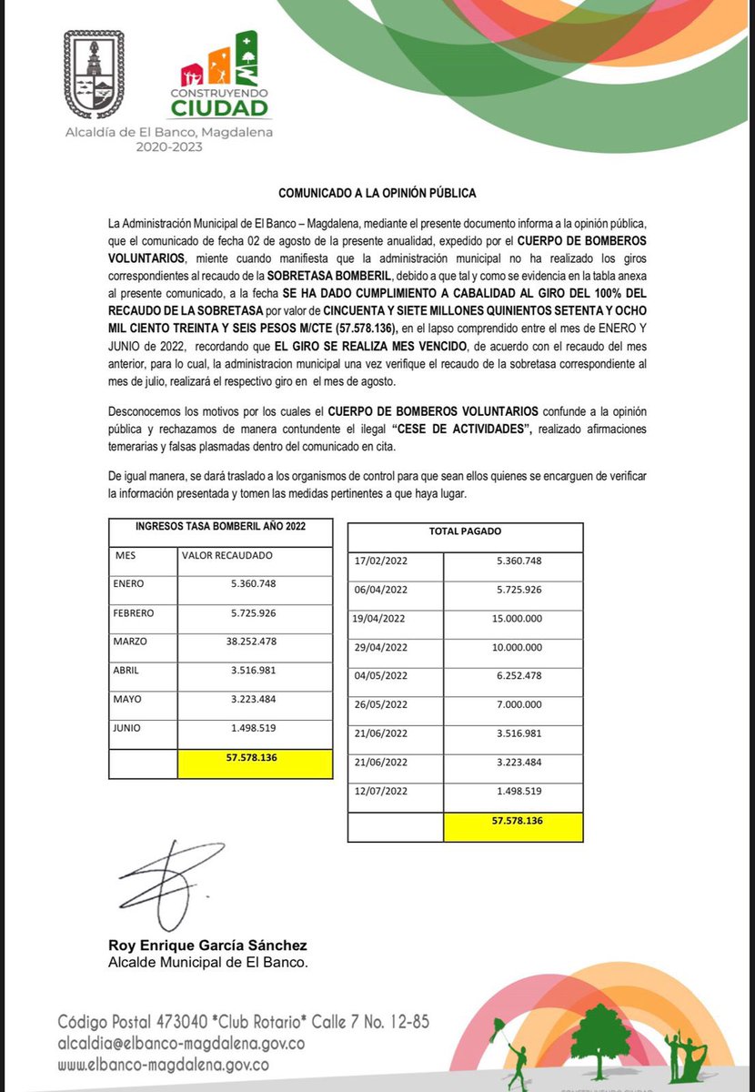 #Importante | La Administración Municipal de El Banco-Magdalena, mediante el presente documento, informa a la opinión pública a cerca el comunicado de fecha 2 de agosto de 2022, expedido por el Cuerpo de Bomberos Voluntarios...Más información en la imagen adjunta 👇🏻