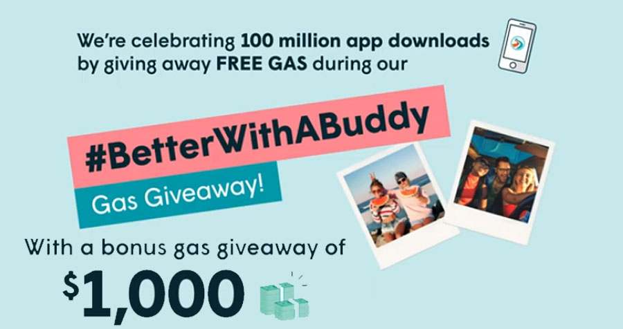 SweetiesSweeps's tweet photo. GasBuddy is celebrating 100 million app downloads since it debuted in 2010 and to say thank you for helping them reach this milestone, they are giving away $100 in free gas to 100 GasBuddies in their #BetterWithABuddy Gas Giveaway! See how to enter… https://t.co/zeZyfKGkaM https://t.co/gXkzhUR8sr