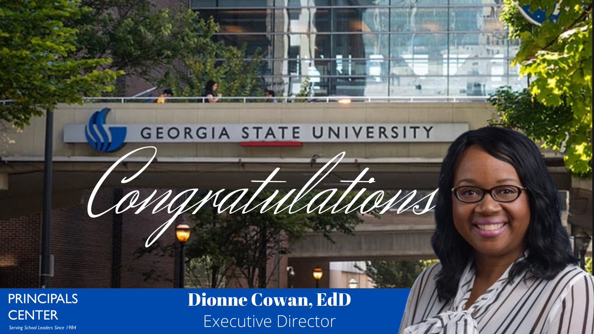 Today, our NEW Executive Director celebrates 🎊 8️⃣ years <a href="/GeorgiaStateU/">Georgia State University</a>. Congratulations Dr. <a href="/DionneCspeaks/">Dr. Dionne Cowan</a> on your new appointments as Executive Director of the #PrincipalsCtr and Clinical Assistant Professor <a href="/GSUEdLead/">GSU Educational Leadership</a> <a href="/gsucehd/">College of Education & Human Development</a> 🎉👏🏽❕🐾💙🐾