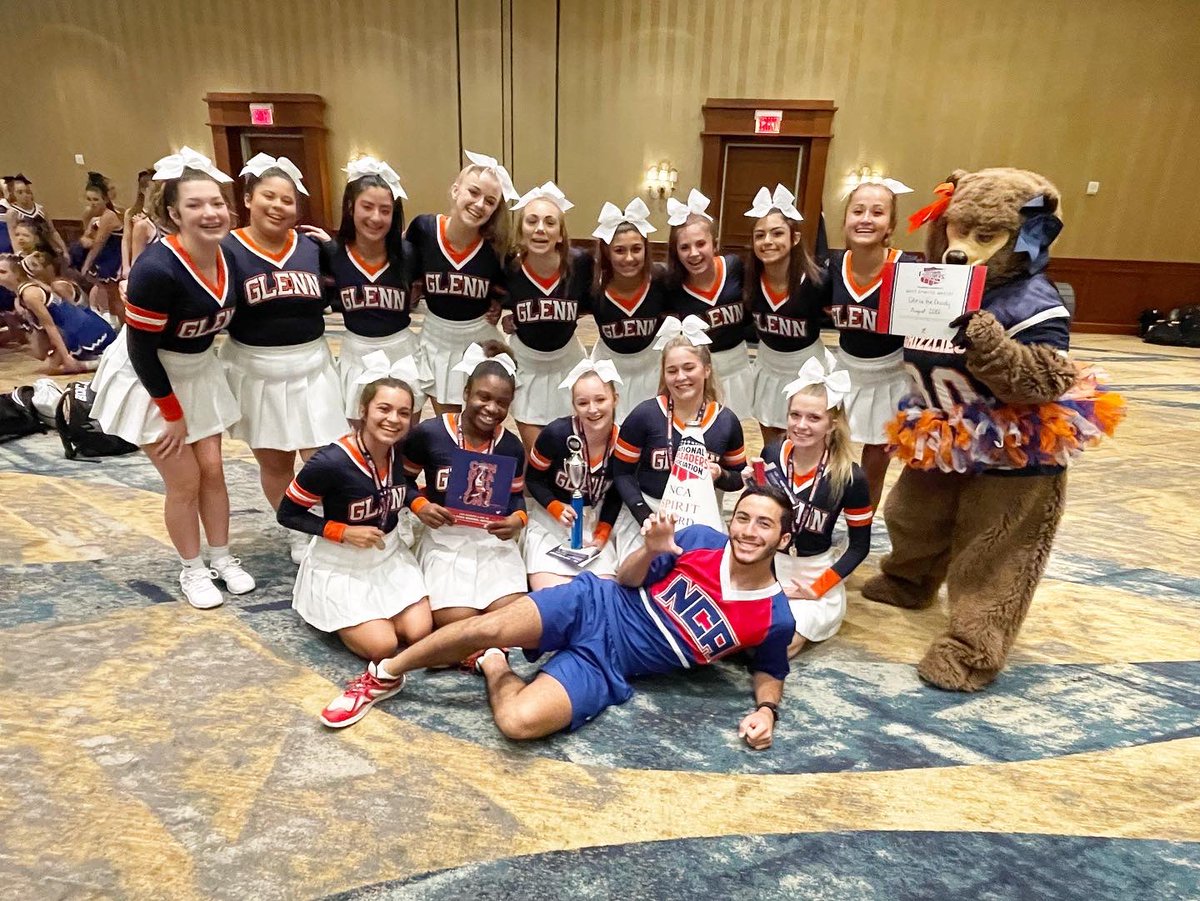 GlennGrizCheer's tweet photo. We had an amazing week at NCA Camp! Varsity placed first in Chant and the entire program is bringing home two spirit sticks and the NCA Spirit Megaphone for being the most spirited team at camp! Gloria the Grizzly was also awarded the Most Spirited Mascot! 🧡 https://t.co/yS7KJs3nbp
