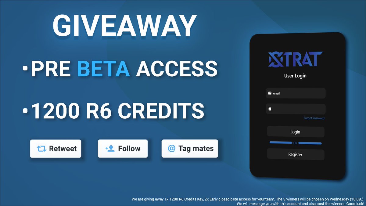 XStrat - Plan your victory (@xstratapp) on Twitter photo 🔥GIVEAWAY TIME🔥
We are giving away:
1x 1200 R6 Credits
2x guaranteed closed Beta access for XStrat
- Follow <a href="/xstratapp/">XStrat - Plan your victory</a>
- Retweet
- Tag 2 teammates
Winner will be posted on Wednesday
Good luck to everyone - we are doing our best to get the beta starting soon! ❤️🔥 🔥GIVEAWAY TIME🔥
We are giving away:
1x 1200 R6 Credits
2x guaranteed closed Beta access for XStrat
- Follow <a href="/xstratapp/">XStrat - Plan your victory</a>
- Retweet
- Tag 2 teammates
Winner will be posted on Wednesday
Good luck to everyone - we are doing our best to get the beta starting soon! ❤️🔥