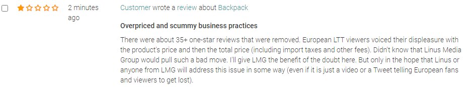 nicklmg's tweet image. didn't think this would have to be said... but ok

if you spam a product review section with complaints about shipping price, your review will be removed.

we do not remove legitimate reviews (positive or negative), but we do remove spam

global shipping is expensive
