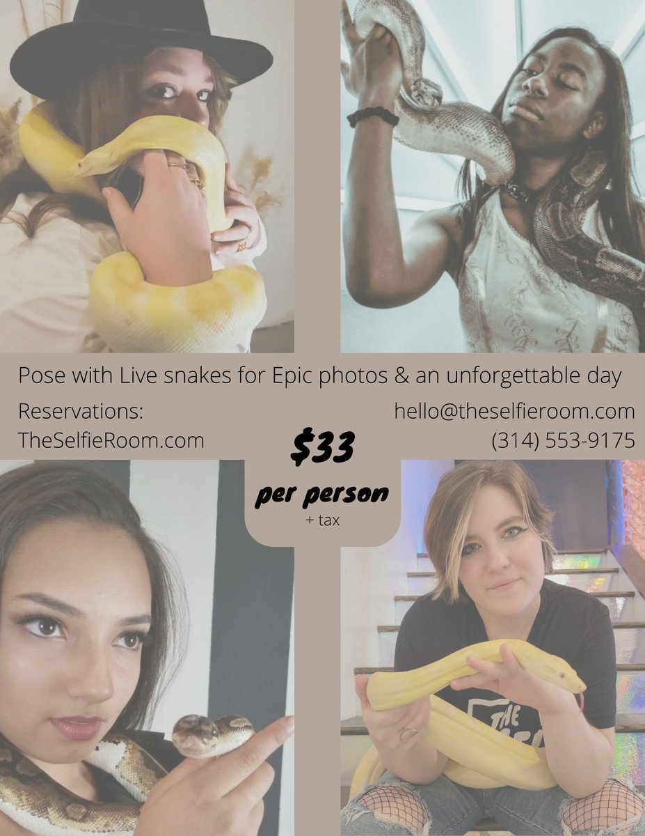 TheSelfieRoom's tweet photo. Experience this unique opportunity to pose with live snakes to capture EPIC photos with something unique to do in St Louis, downtown, Missouri on Sunday, September 25th from 12:00-4:00pm. https://t.co/ZefUC01Vwf