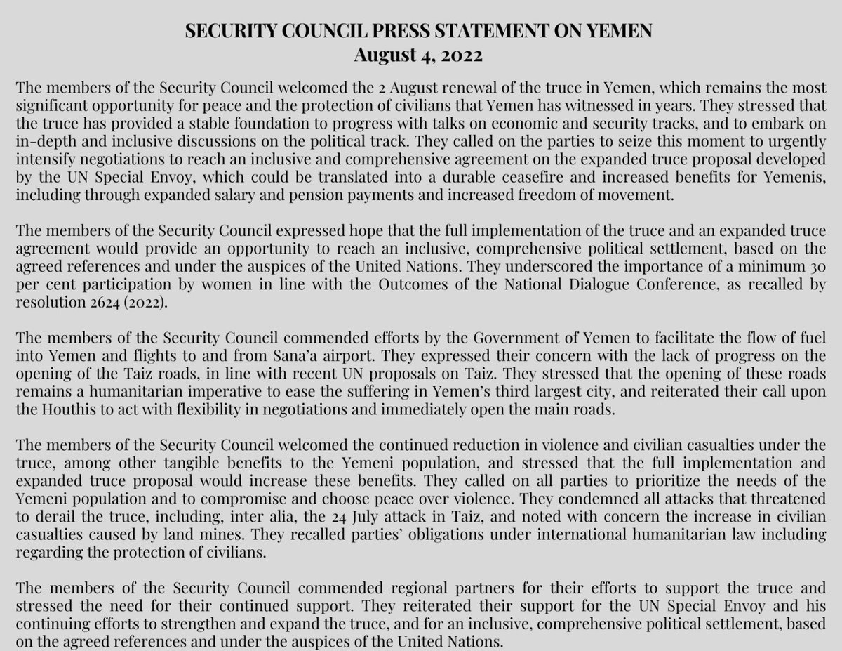#UNSC members called on parties to seize the moment created by the truce renewal to intensify negotiations for an agreement on the expanded truce proposal developed by @OSE_Yemen, that can be translated into a durable ceasefire & increased benefits for Yemenis. Press Statement👇