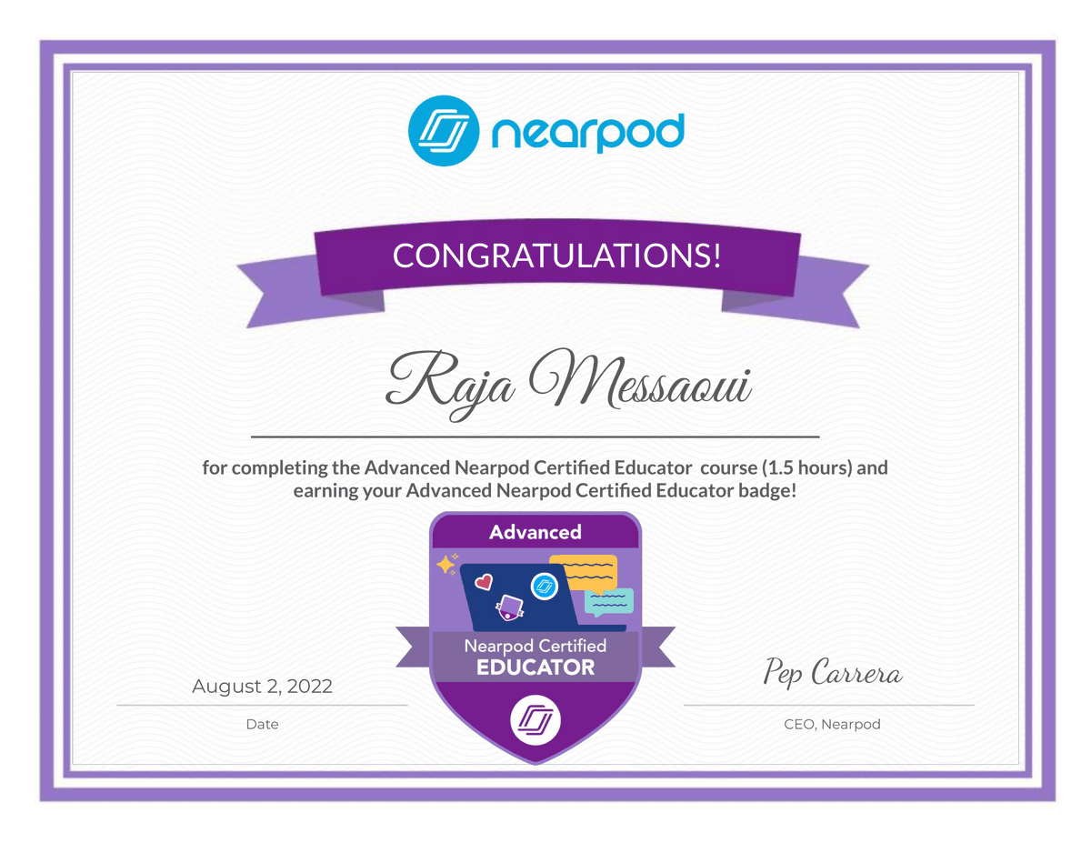MessaouiRaja's tweet photo. so excited to be Advanced Nearpod Certified Educator
 @nearpod  #NearpodCertified #AdvancedNCE  #Tunisia https://t.co/6cV8EQSsXL
