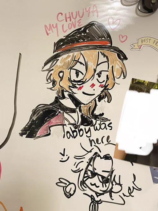 drew chuuya on mt friends whiteboard . YIPEEEEE (ft drawing of me from MONTHS ago) 