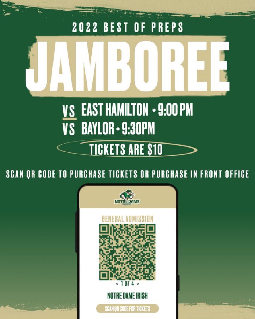 The Irish Football team has been working hard getting ready for the 2022 season! Notre Dame will take the field on Saturday August 13 at 9 & 9:30 at the 2022 Best of Preps Jamboree.

Tickets are $10. Scan the QR Code to purchase online. Tickets can be picked up in ND Front Office https://t.co/cmU6cYDURX