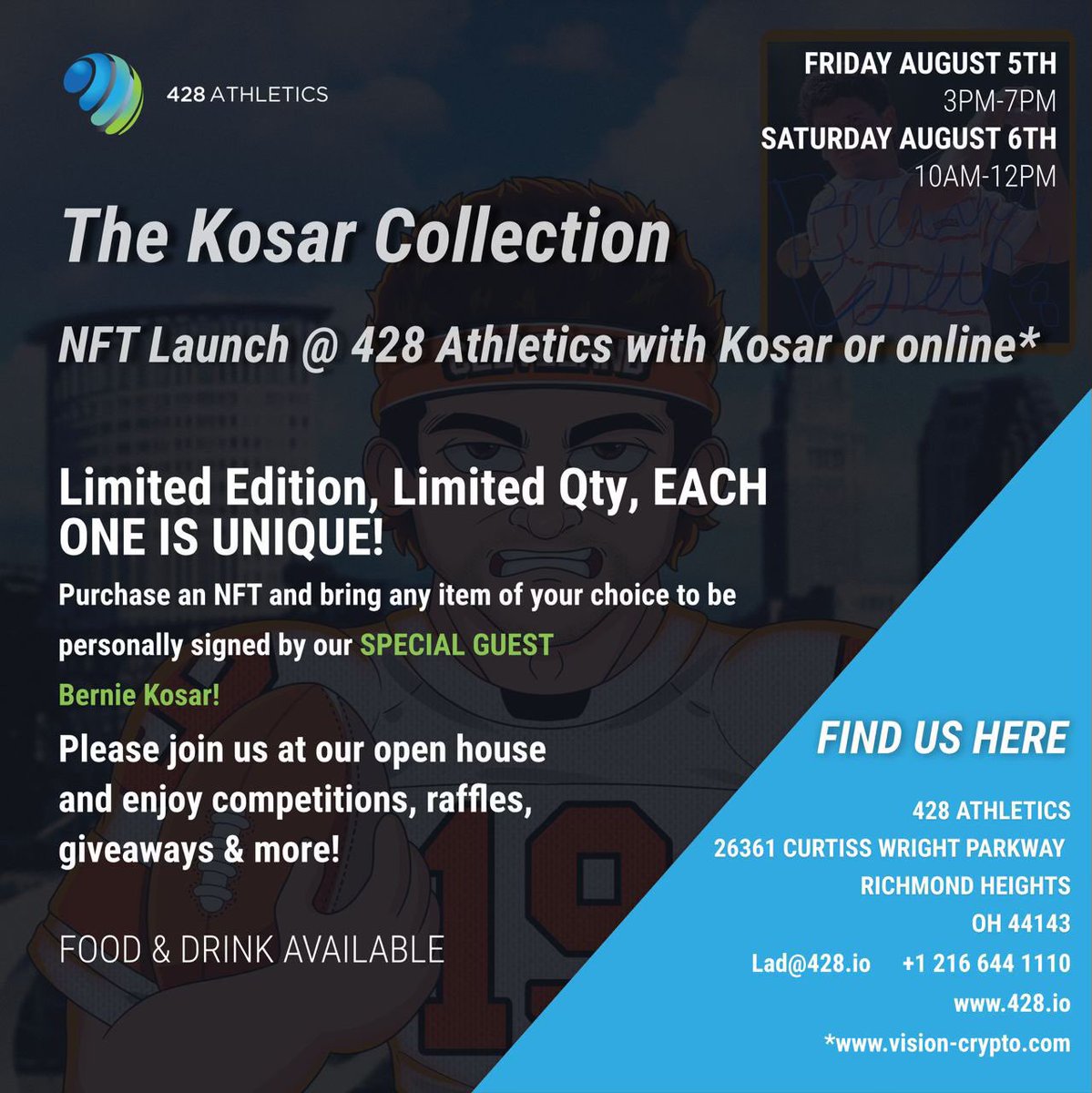BernieKosarQB's tweet image. 🚨#KosarCollection #NFT mint Friday 3PM EST🚨
We are doing 1 more #NFTGiveaway 
TO WIN
-like &amp;amp; RT
-Follow @VisionCryptoApp &amp;amp; @BernieKosarQB  
-Tag 1 friend

Join us @428Athletics Fri &amp;amp; Sat. If you buy an NFT I will sign a personal item so bring something cool 
#UMatter