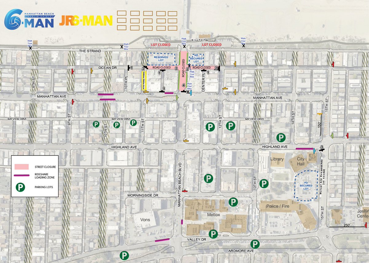 ⚠️ 6-MAN STREET &amp; PARKING CLOSURES 🏐 Due to the 6-Man Beach Volleyball Tournament and International Surf Festival events, there will be street and parking closures through Sunday, August 7. Event map: bit.ly/3zvSKTn #manhattanbeach