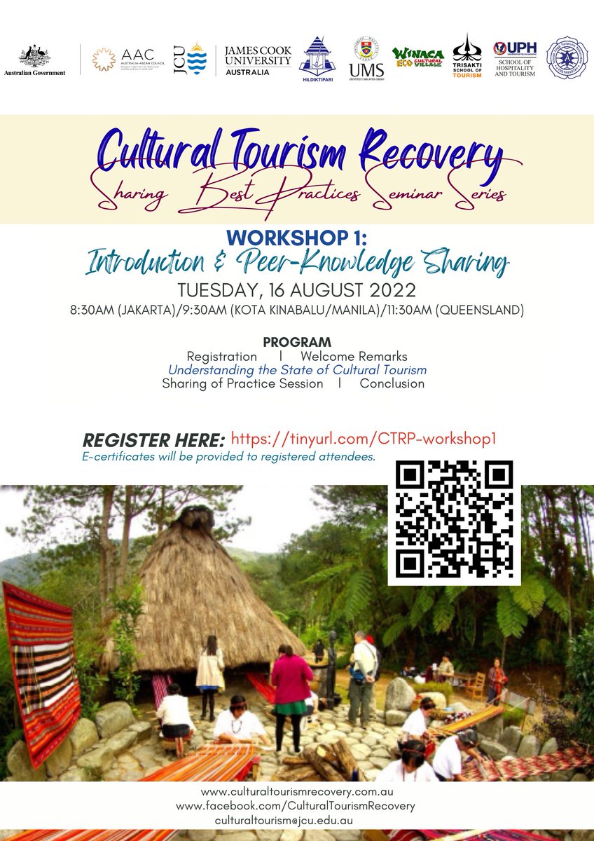 CulturalTourRec's tweet photo. Please join us for the first seminar in the series on Cultural Tourism Recovery. Registrations are open here: https://t.co/SQPKz7VKf8 @dfat
 #AusASEANCouncil 
@jcu https://t.co/BUVTYEoI8G