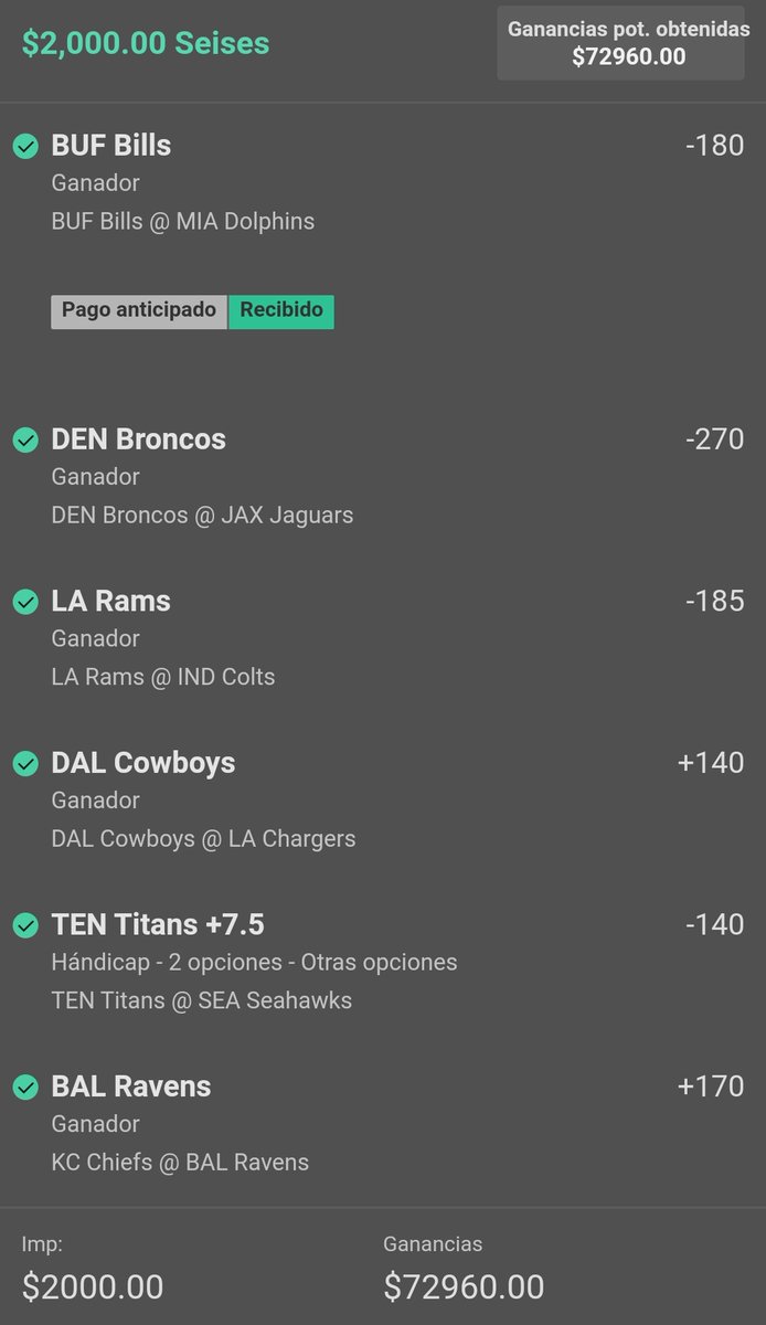 ChapitoApuestas's tweet photo. Cómo no recordar este Super Parlay que les compartí gratuitamente la temporada ✅🔥🏈!!!

¿Les gustaría que en esta Temporada les compartiera estos Super Parlays cada domingo?

Si das 🔄 y ❤️ a este Tweet, estarás contemplado para enviártelos cada domingo 👊🔥!!! https://t.co/Uu8gIpAtzi