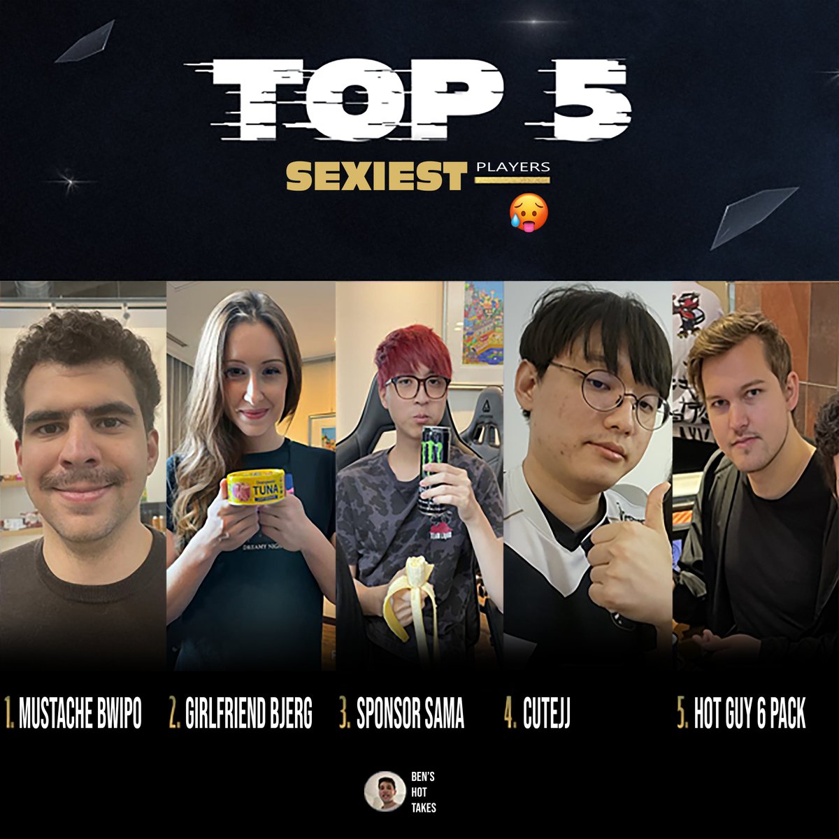 BenBenZieper's tweet photo. To celebrate #LCS10, I'm ranking the top 5 sexiest players in LCS history. 

Is there anyone missing from the list? https://t.co/eUAwEK3vtl