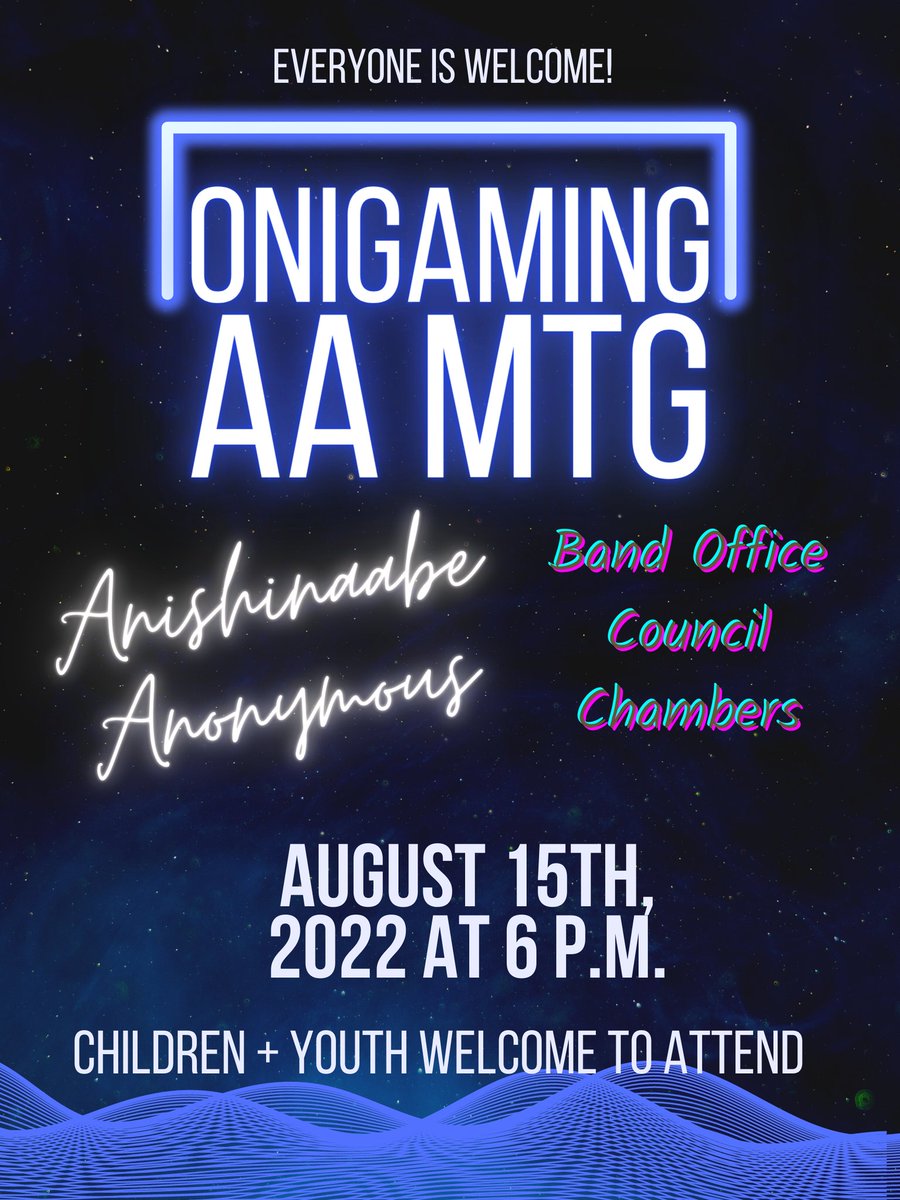 ChiefCopenace's tweet photo. The Ojibways of Onigaming will begin hosting monthly AA Meetings on August 15th to support sobriety. ❤
Our youth and children are invited to listen to the experiences of those trying to live a healthier, happier life and also the struggles we experience. ❤
#WalkTheRedRoad https://t.co/tvPBLkH0dV