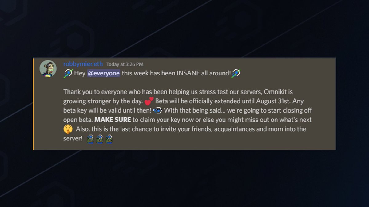 Support has been overwhelming this week❤️HUGE NEWS coming soon... 
⏰48 hours left

👇 Join our Discord to claim your key! 👇
discord.gg/omnikit