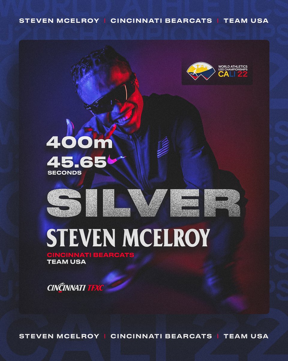 GoBearcatsTFXC's tweet photo. Steven McElroy takes home the silver medal at the World Athletics U20 Championships after recording his fastest 400m of the week: a 45.65! 🔥

📝: https://t.co/r2pvkefdBk https://t.co/EM6JDwFlnI