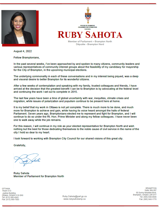 ymediagroup's tweet photo. #BramptonNorth MP #RubySahota Not Running For Mayor Of #Brampton In #MunicipalElection, 2022 
#ymedia #southasiandaily #Elections2022 
@rubysahotalib @YudhvirJaswal 
https://t.co/xQMEG7oz3p https://t.co/7aOdTu8Gew