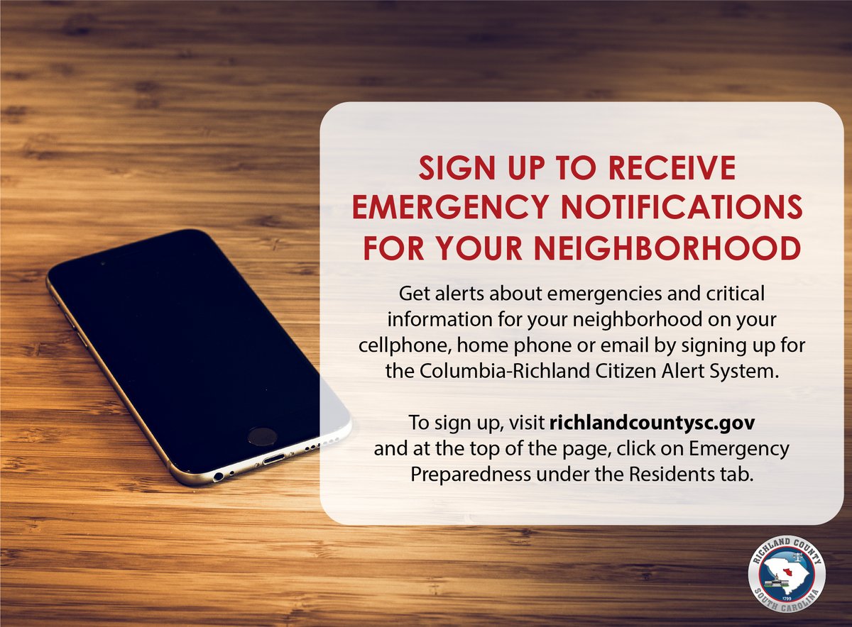 RichlandSC's tweet image. Sign up to receive emergency notifications specific to your address through the Columbia-Richland Citizen Alert System. In the case of an emergency, you can be alerted via phone call, text message or email. ow.ly/P6QI50HzbBp