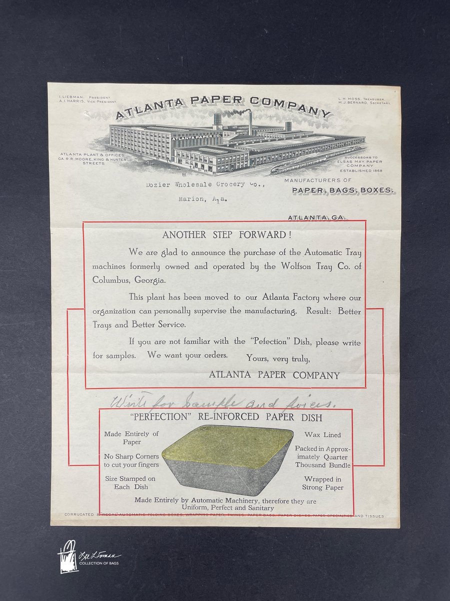 213/365: The Atlanta Paper Company produced paper, bags, and boxes at their factory in Atlanta, Georgia. The original seller dates this printed announcement from the company to 1904 in which they announce newly acquired machinery for making paper trays.