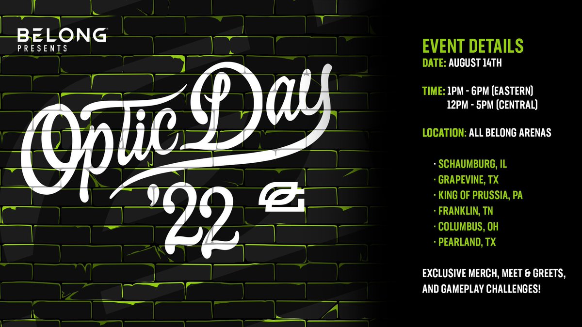BelongArenas's tweet photo. Celebrate #OpTicDay at @BelongArenas!

August 14th marks a special day in @OpTic history and we’ve partnered up with them to celebrate it nationwide!

Register today: https://t.co/Q3EfVUbrc0 https://t.co/YUOYUvMIF5