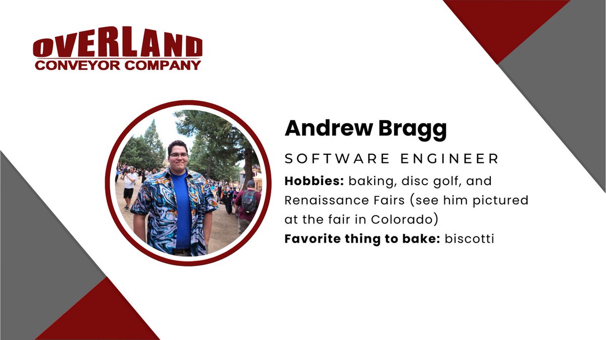 OverlandConvey's tweet photo. Meet Andrew! Talented in software engineering, and in the kitchen...his biscotti is die to for! Give him a wave! #employeespotlight #OCC #beltanalyst #bulkflowanalyst https://t.co/wI56ipZxsq