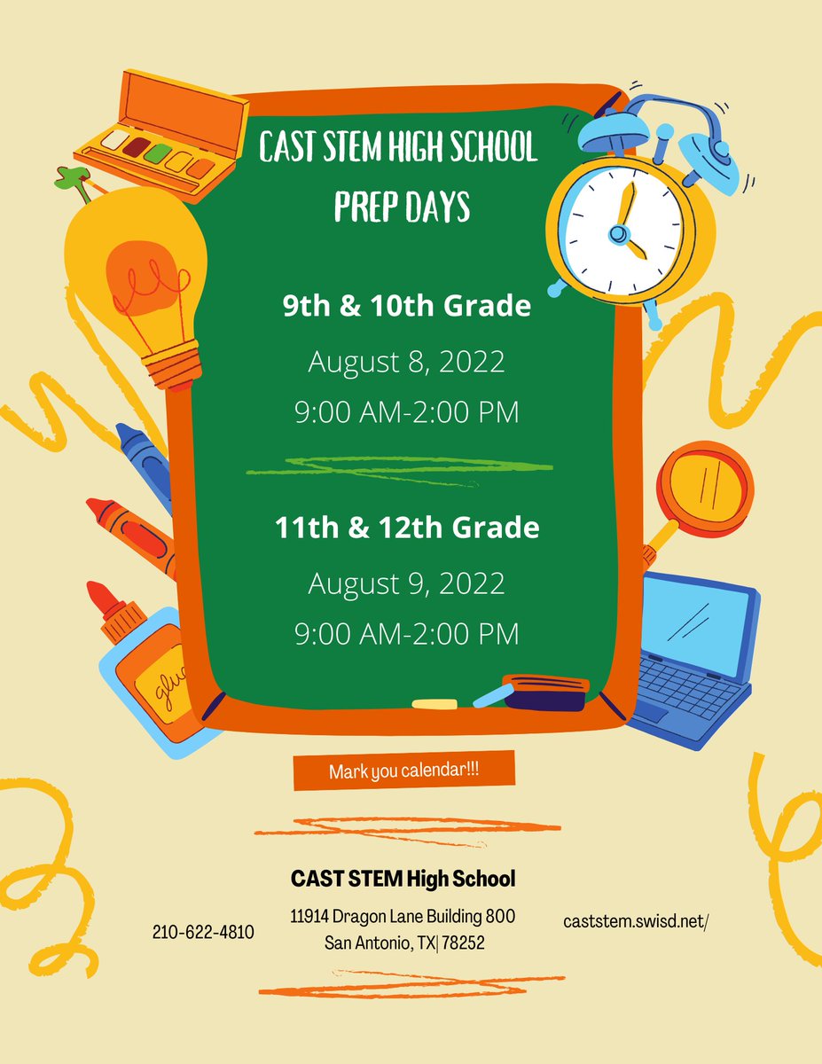swisd_caststem's tweet photo. CAST STEM students…join us for prep days next Monday and Tuesday, August 8-9! Please the flyer for grades and times! See you all then! #bethelight #gopublic #wearesw #wearecaststem #igniteyoursuccess #prepdays @castschools @swisd https://t.co/PITn8Gdl7P