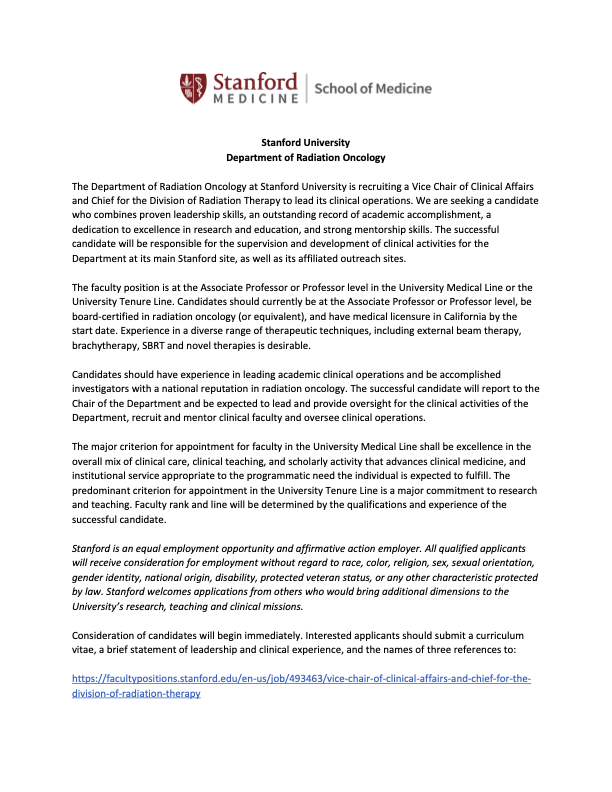 StanfordRadOnc's tweet image. Career Opportunity: Vice Chair of Clinical Affairs and Chief for the Division of Radiation Therapy