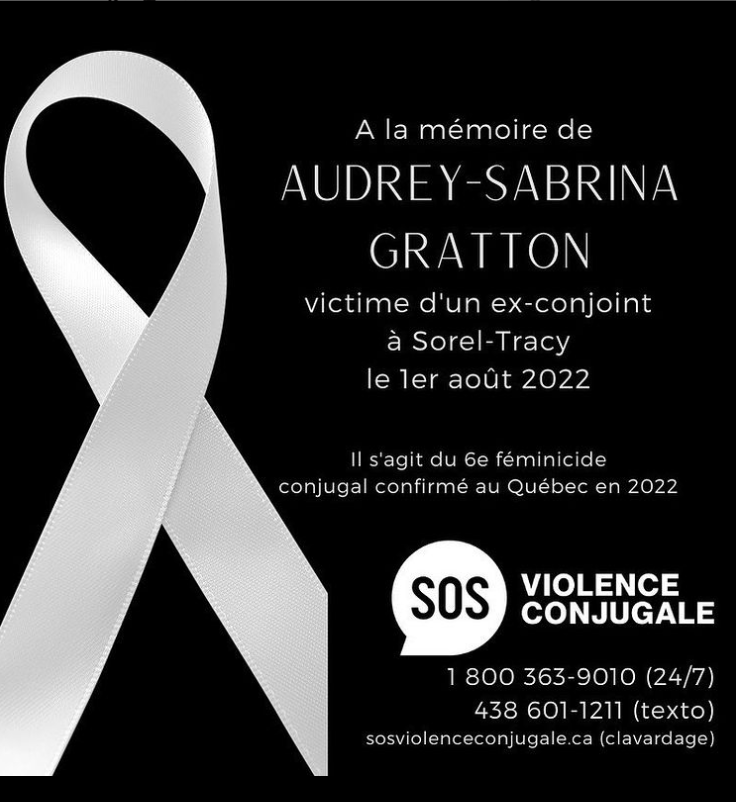 PavillonMC's tweet photo. Audrey-Sabrina Gratton: 6ième Féminicide au Québec cette année. Nos sympathies avec ses proches🤍Si vous pensez être victime de violence conjugale, appelez SOS Violence Conjugale 1800 363-9010 ou le 911. Restez fâchées &amp; parlons-en pour que ca arrête!✊#PasUneDePlus https://t.co/EbD2nHkO8i