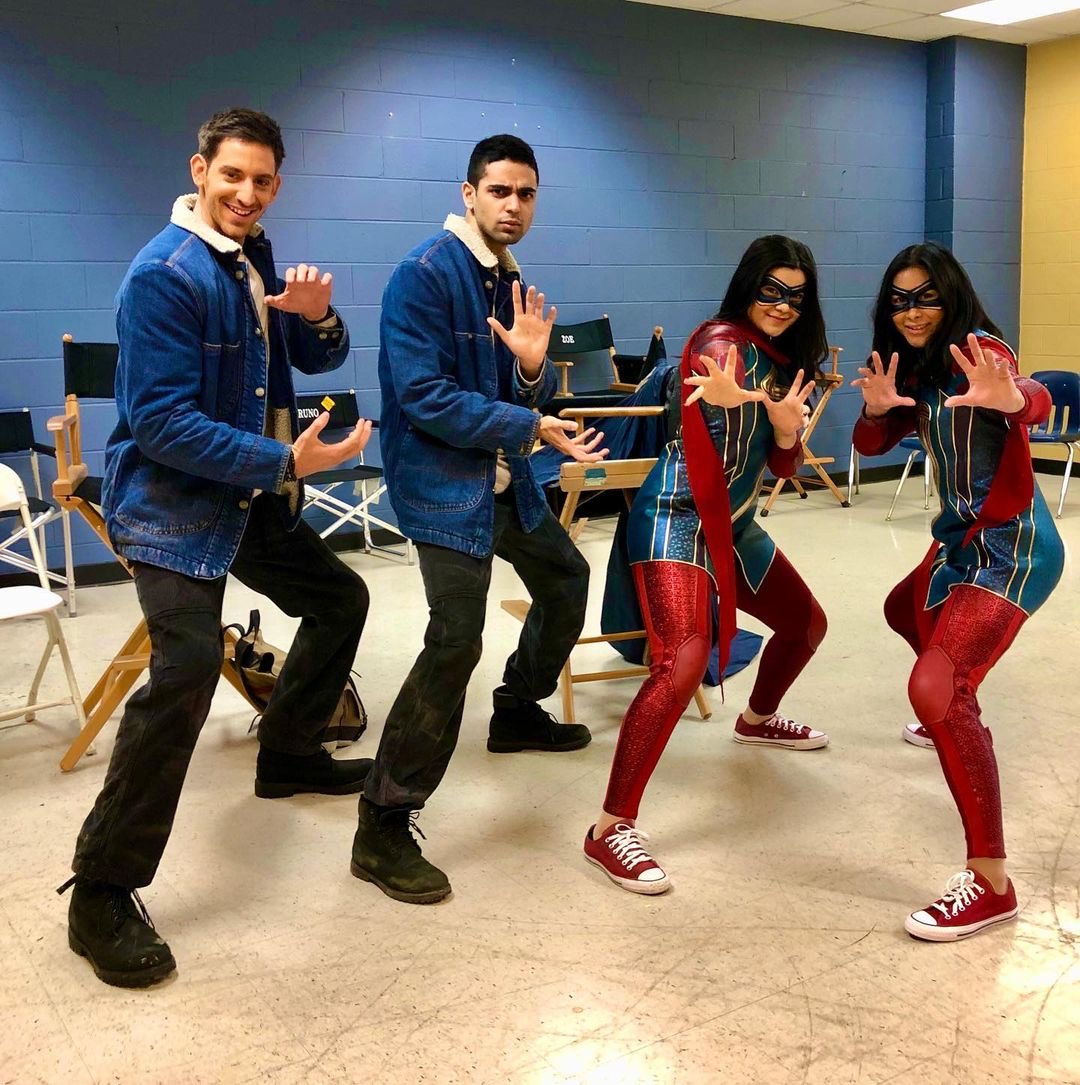 Iman Vellani and Rish Shah with their stunt doubles! #MsMarvel 📸: Lauren Mary Kim via Instagram