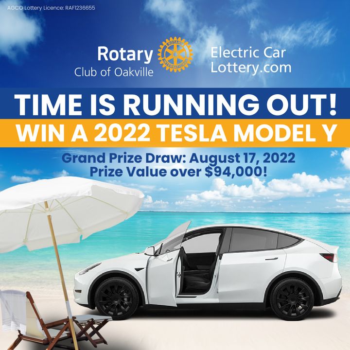 Our #ElectricCarLottery is WEEKS AWAY! You could be the lucky winner ending summer with a 2022 Tesla Model Y SUV! Tickets start at $20. Get yours at ElectricCarLottery.com

Thank you for your support and good luck!

AGCO LIC # RAF1236655

#Tesla #WinACar #ModelY #OakvilleRotary