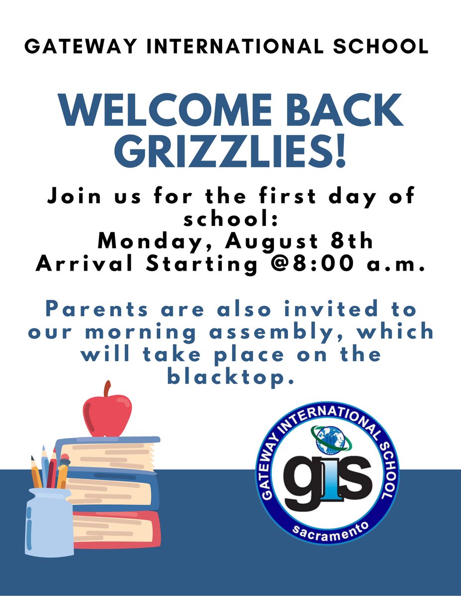 gis_charter's tweet photo. Hello Grizzlies! 
First Day of School will be on Monday, August 8th. Arrival is at 8:00am, with a morning assembly to follow on the blacktop. All parents are invited to join us!
#gccstrong #grizzlystrong #IBelong #GCC20yearsofImpact #BeyondBrave #UnleashingGreatness #IBstrong https://t.co/HKHsEVYuYG