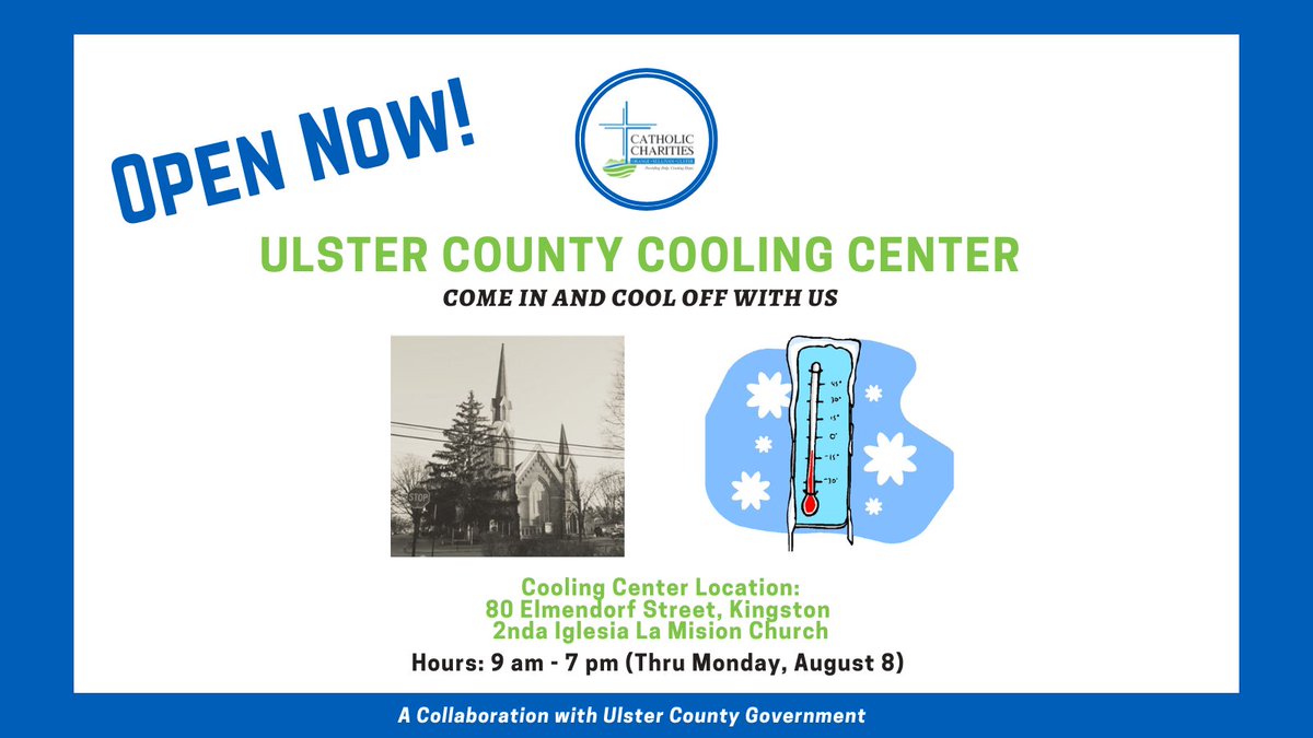 CathCharOSU's tweet photo. Hot enough for you?! 
Our Ulster County Cooling Center hours have been extended. We will be open 9 am to 7 pm through Monday, August 8. If you need to beat the heat, come see us at 80 Elmendorf Street in Kingston. https://t.co/wYb4T9RWVO