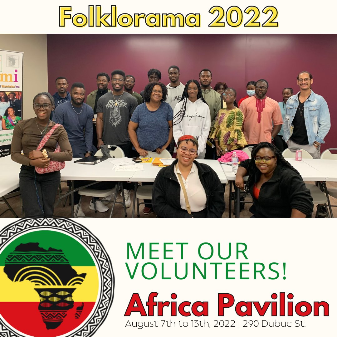 HashHearthji7c's tweet photo. Get excited! This Sunday marks the beginning of the 2022 African Pavilion @Folklorama! Meet the wonderful people who will be helping us run the program this year.

#AfricaPavilion #Folklorama #Winnipeg #ACOMI https://t.co/cNWAjAWoEW